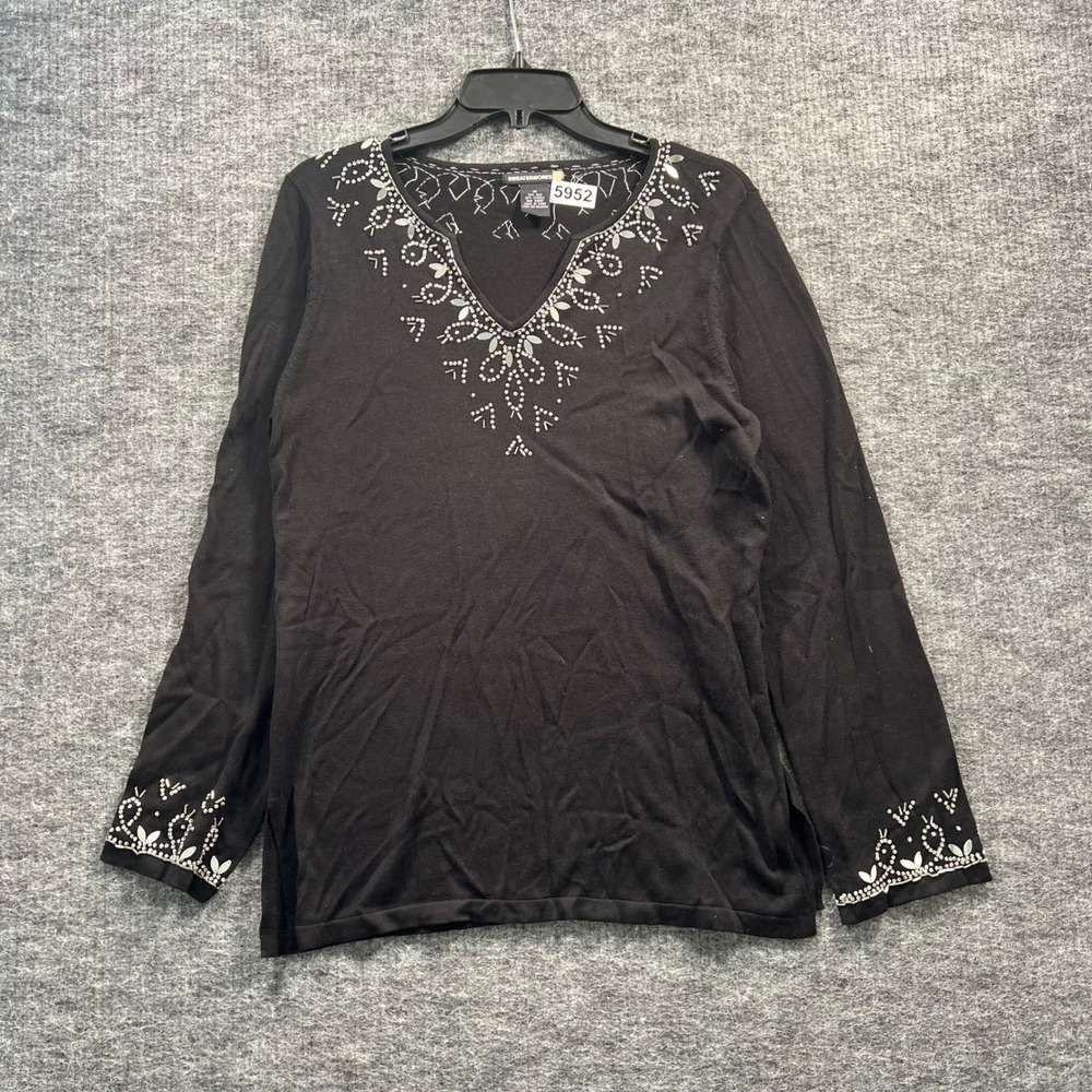 Sweaterworks Womens Black Silk Blend Beaded Sequin V-Neck Sweater Top Size M